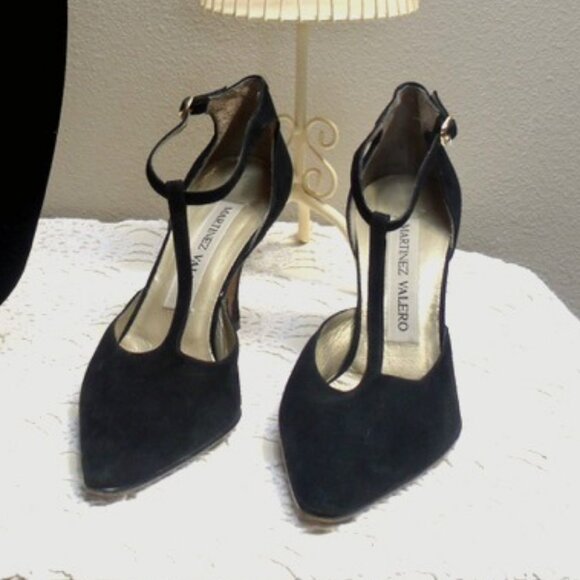 Vintage Style Martinez Valero Black Suede Sexy T Strap Heels 8.5 AA - Picture 4 of 8